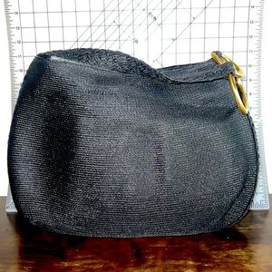 Eric Javits New York Black Squishee Rafia Shoulder Bag, Brass rings.